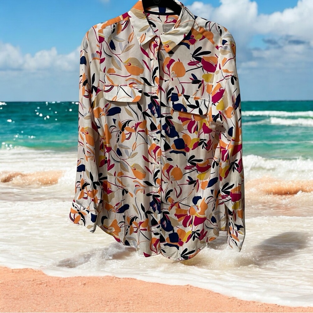 Chicos Womens Top Size 0 (Size 4-6) Colorful Leaves Button Down 100% Rayon Soft